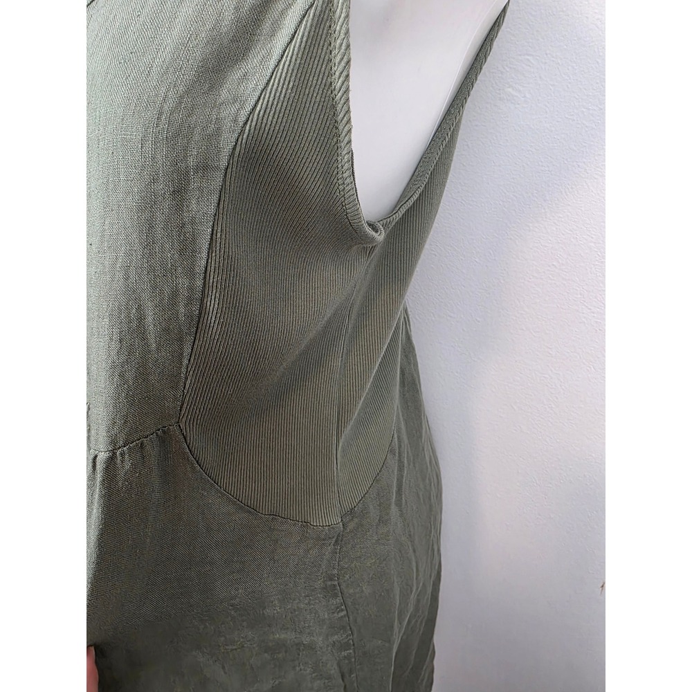 TERZO MILLENNIO Olive Green Linen V Neck Lace Trim Tiered Midi Dress Size L - Picture 5 of 8